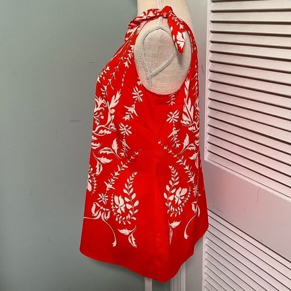 CAbi red white floral bohemian mosaic sleeveless tie shoulder silky tank top - Picture 3 of 6